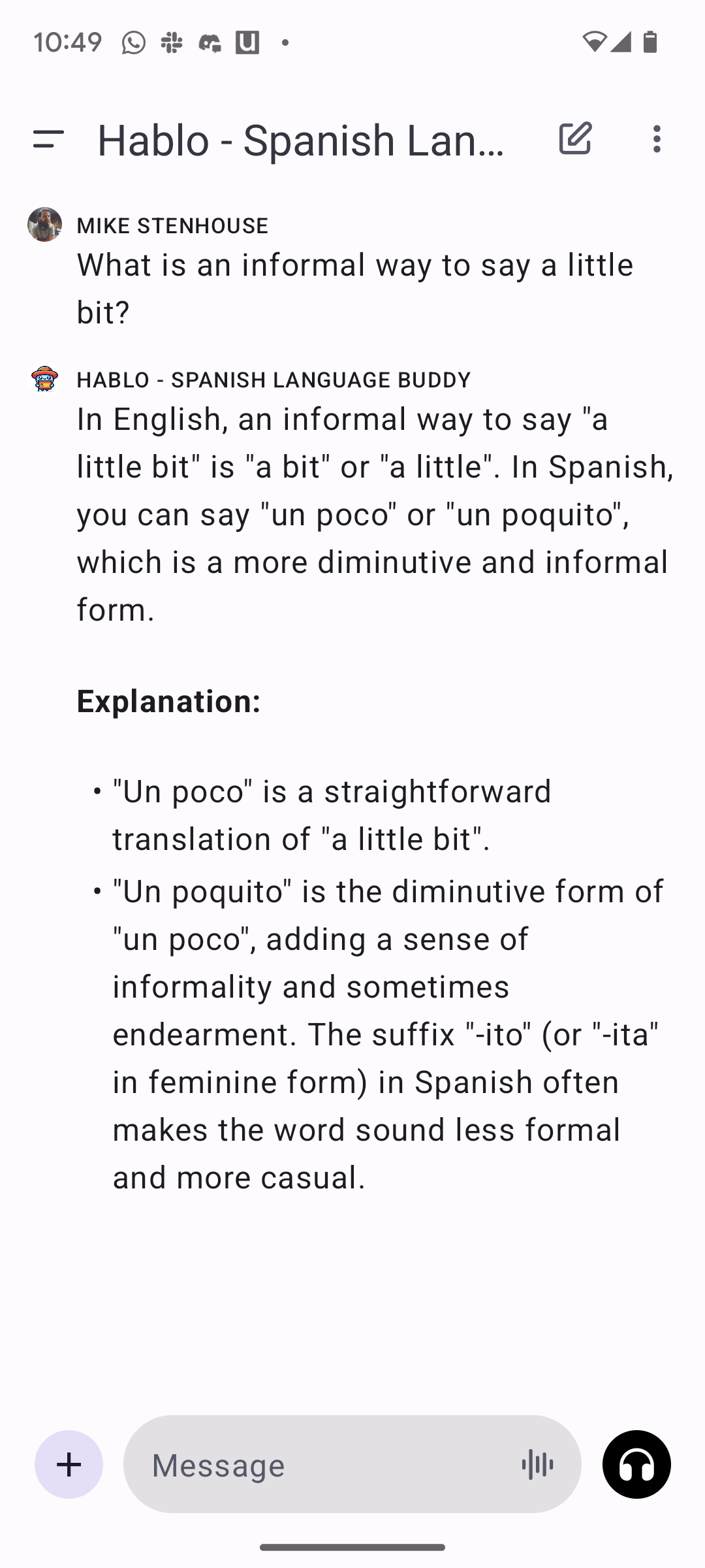 Example of Hablo explaining different turns of phrase to express 'a little bit' in Spanish.